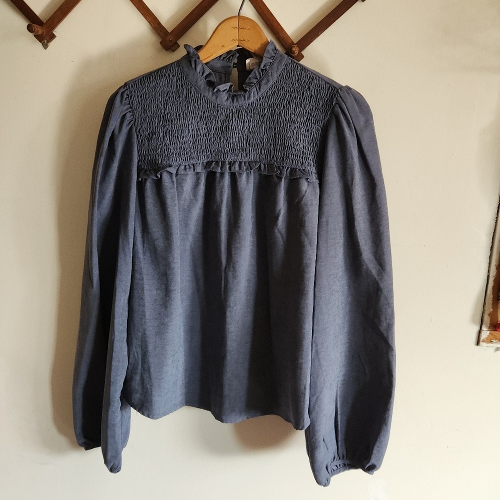 &Merci Smocked Mock Neck Long Balloon Sleeve Blouse Slate Blue Large